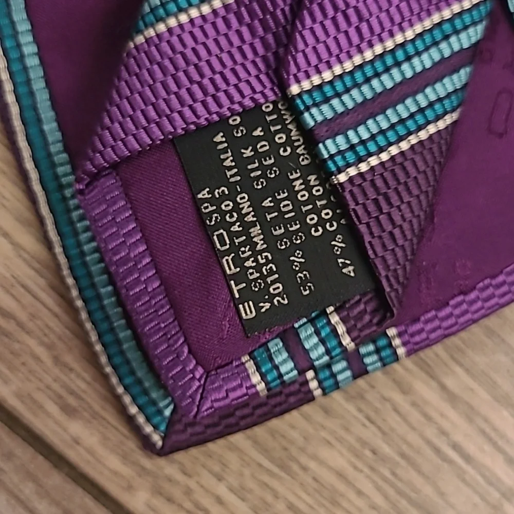 ETRO Italy Abstract‎ Purple Blue Striped Mens Silk Cotton Blend Mens Tie